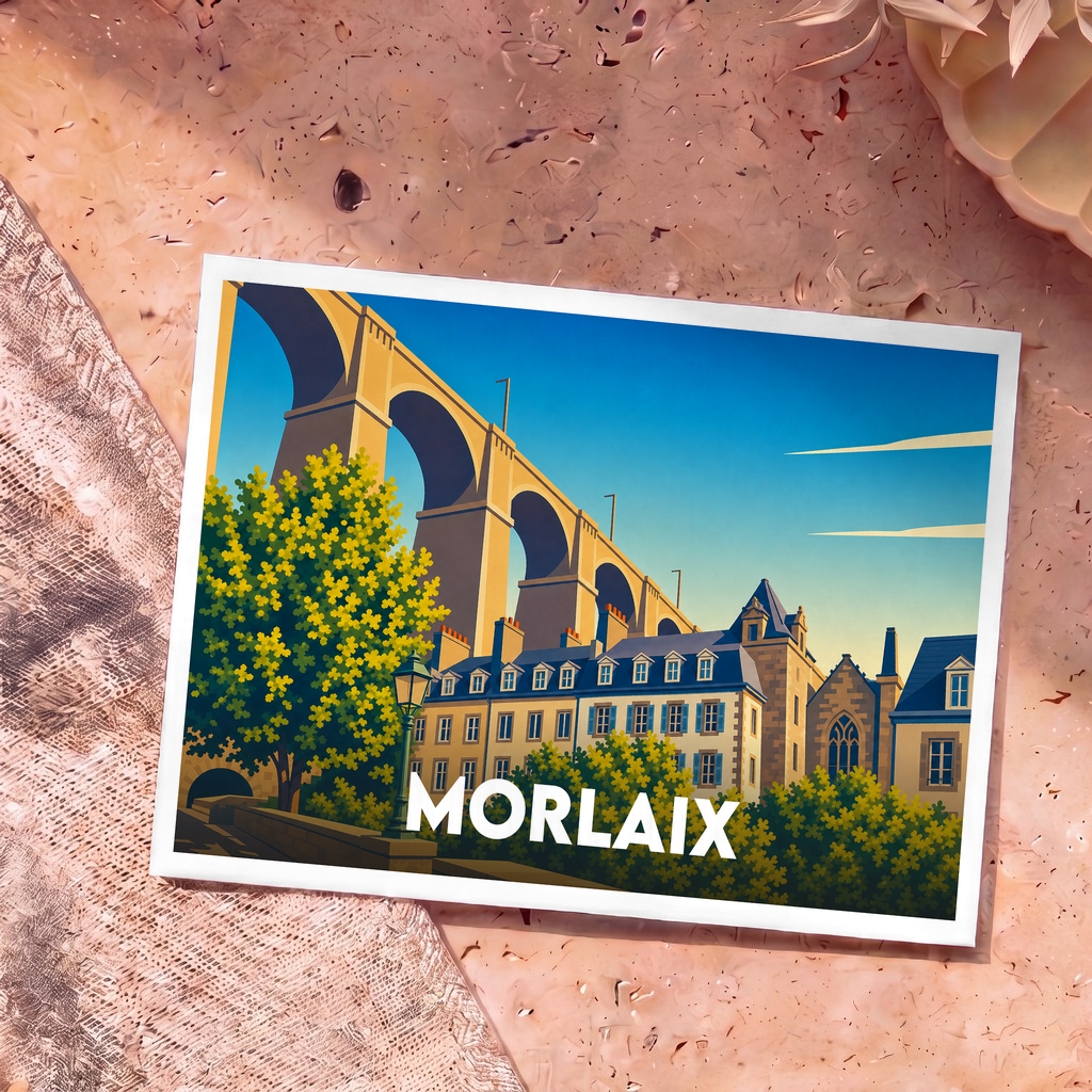 Carte postale souvenir de la ville de Morlaix avec une illustration stylisée de son célèbre viaduc et de ses maisons anciennes.