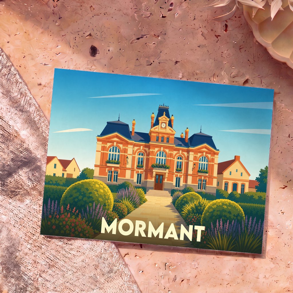 Carte postale souvenir de la ville de Mormant illustrant son hôtel de ville dans un style graphique et coloré.