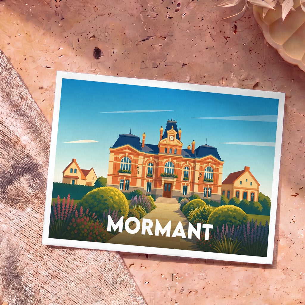 Carte postale souvenir de la ville de Mormant illustrant son hôtel de ville dans un style graphique et coloré.