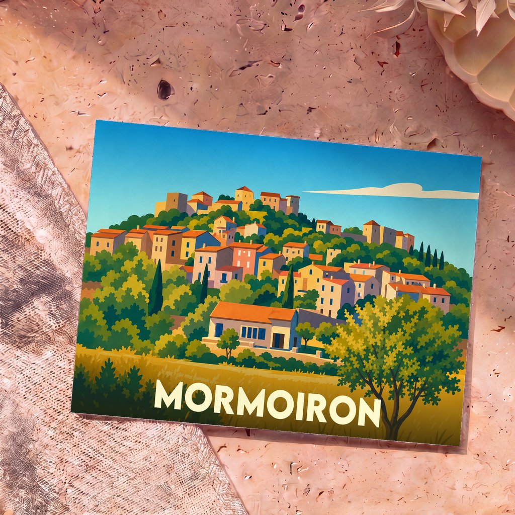 Carte postale souvenir de la ville de Mormoiron arborant une illustration stylisée et colorée d'un village perché.