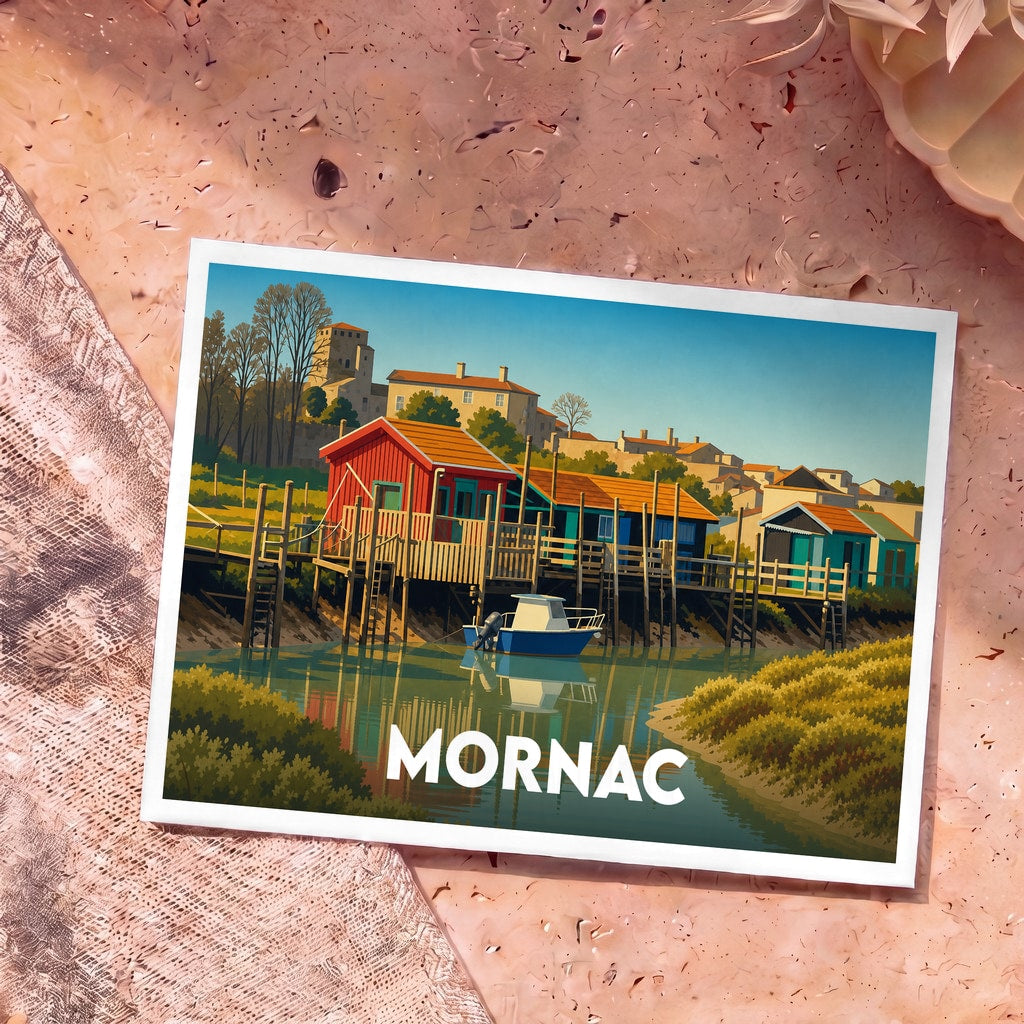 Carte postale souvenir de la ville de Mornac avec une illustration stylisée et colorée de ses cabanes sur pilotis.