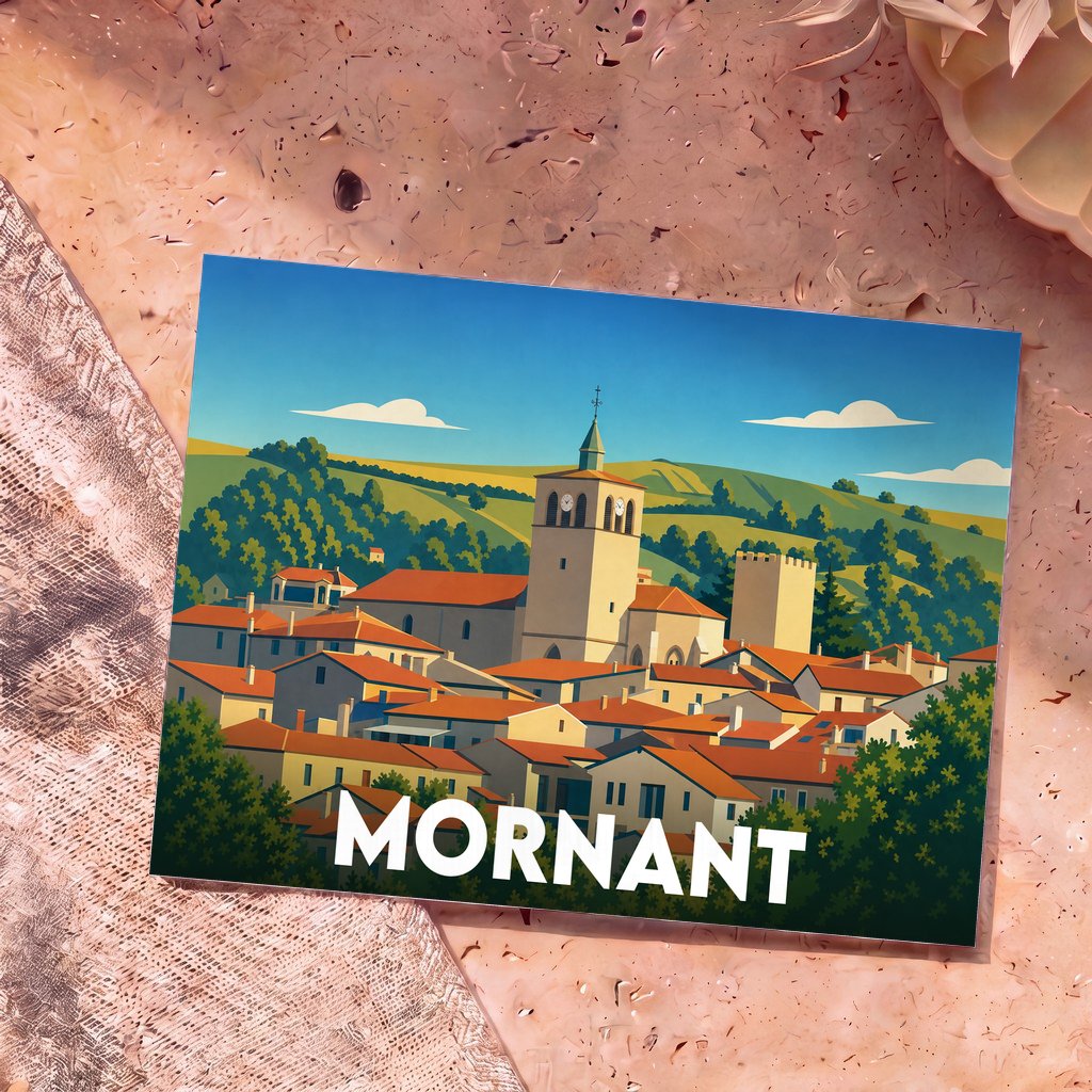 Carte postale souvenir de la ville de Mornant avec une illustration stylisée et colorée.