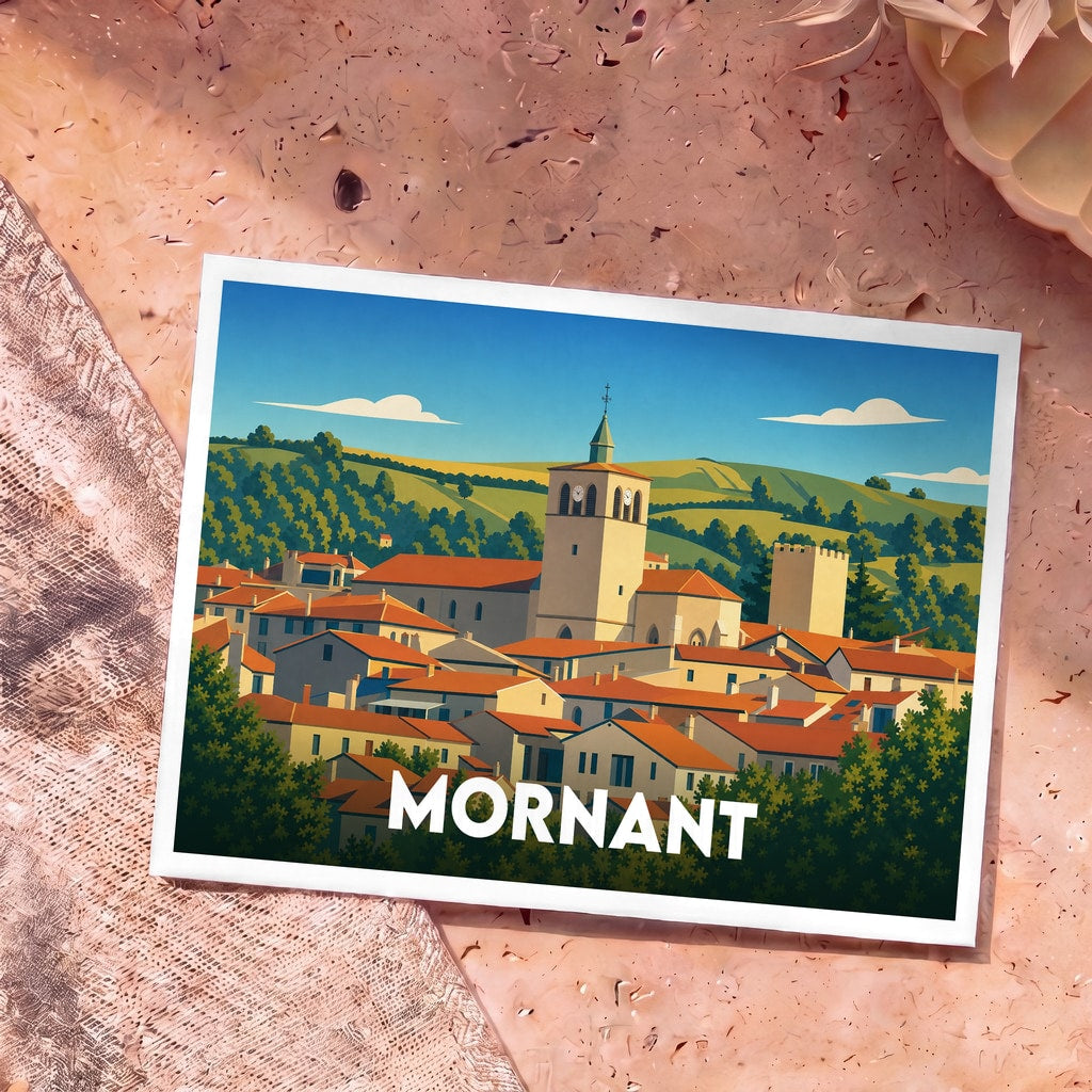Carte postale souvenir de la ville de Mornant avec une illustration stylisée et colorée.