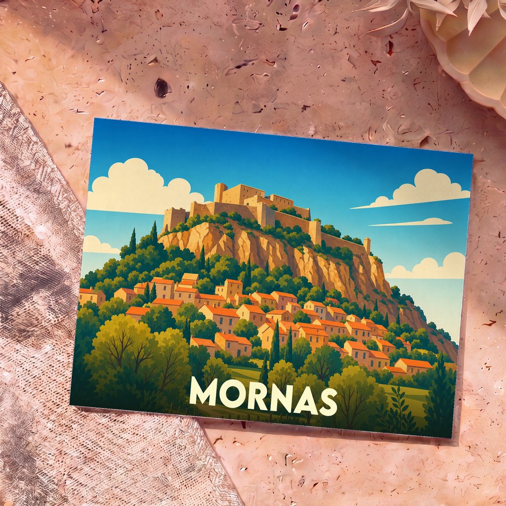 Carte postale souvenir de la ville de Mornas avec une illustration stylisée de sa forteresse médiévale surplombant le village.