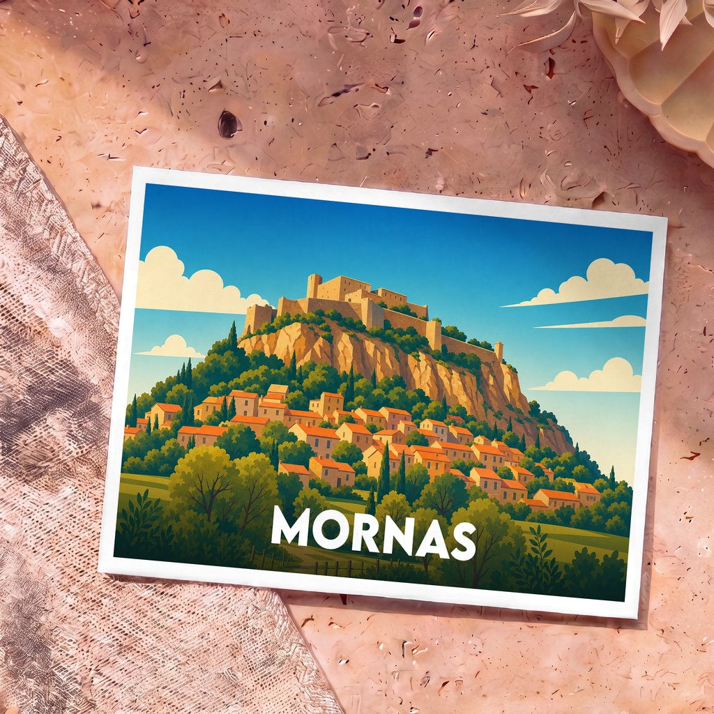 Carte postale souvenir de la ville de Mornas avec une illustration stylisée de sa forteresse médiévale surplombant le village.