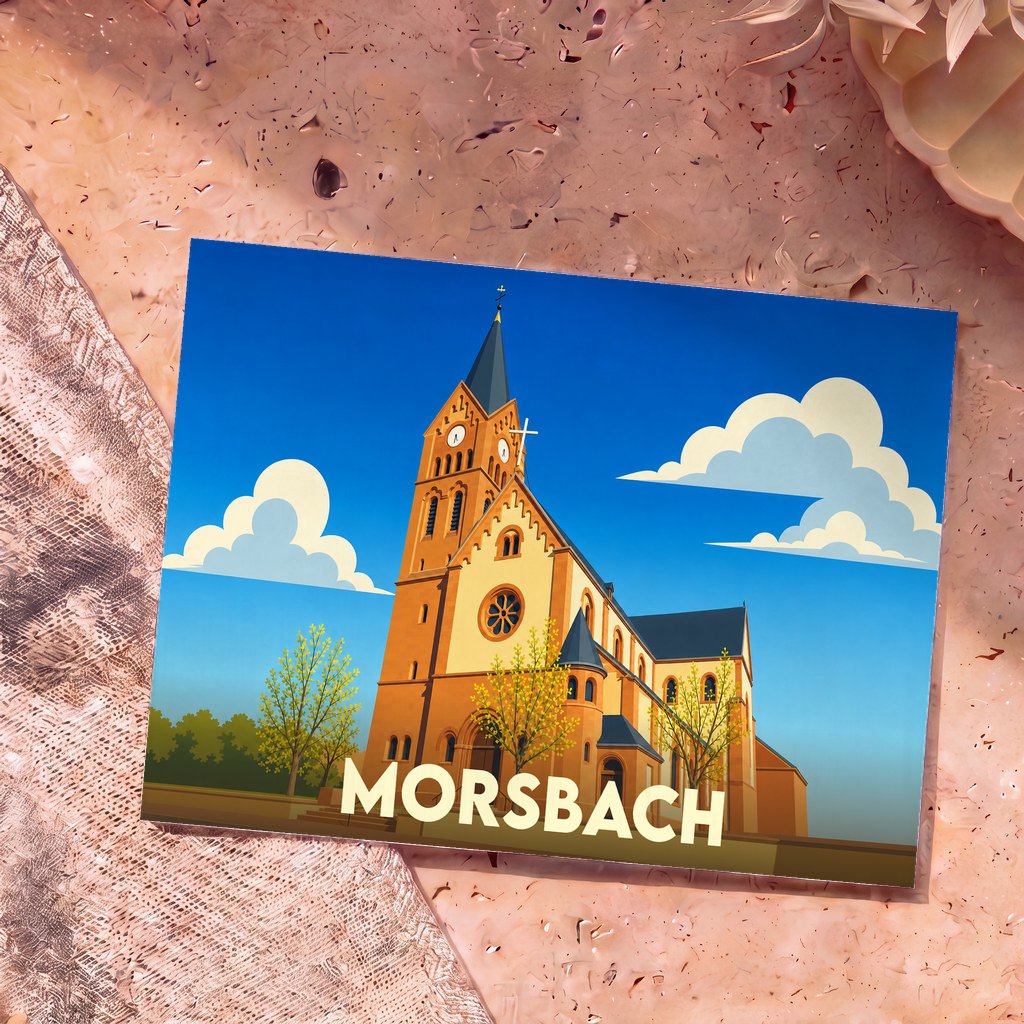 Carte postale souvenir de la ville de Morsbach avec une illustration stylisée de son église sous un ciel bleu.