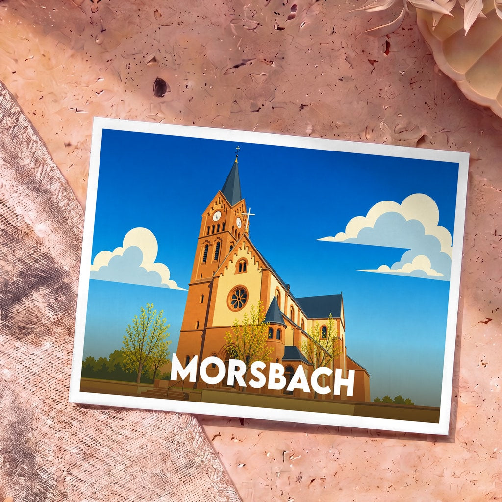 Carte postale souvenir de la ville de Morsbach avec une illustration stylisée de son église sous un ciel bleu.