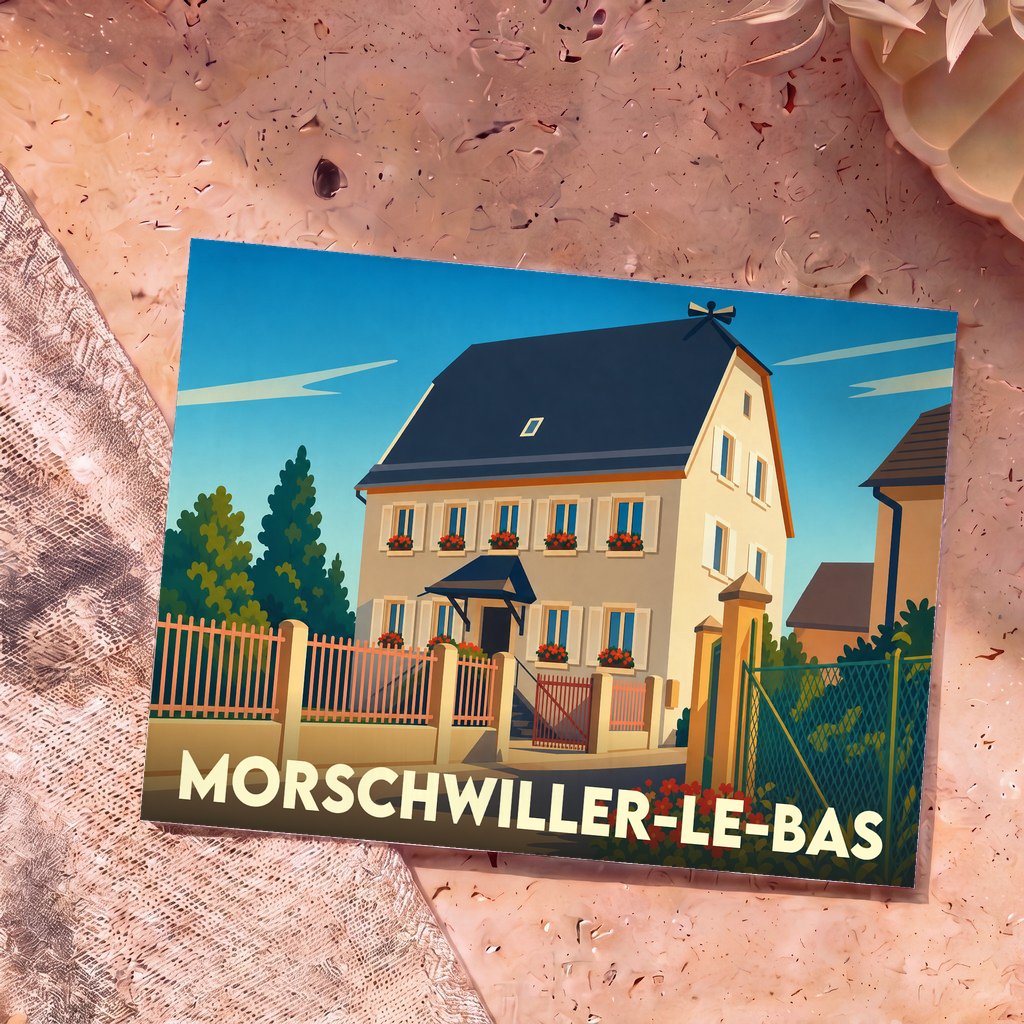 Carte postale souvenir de la ville de Morschwiller-le-Bas avec une illustration stylisée d'une maison alsacienne fleurie.