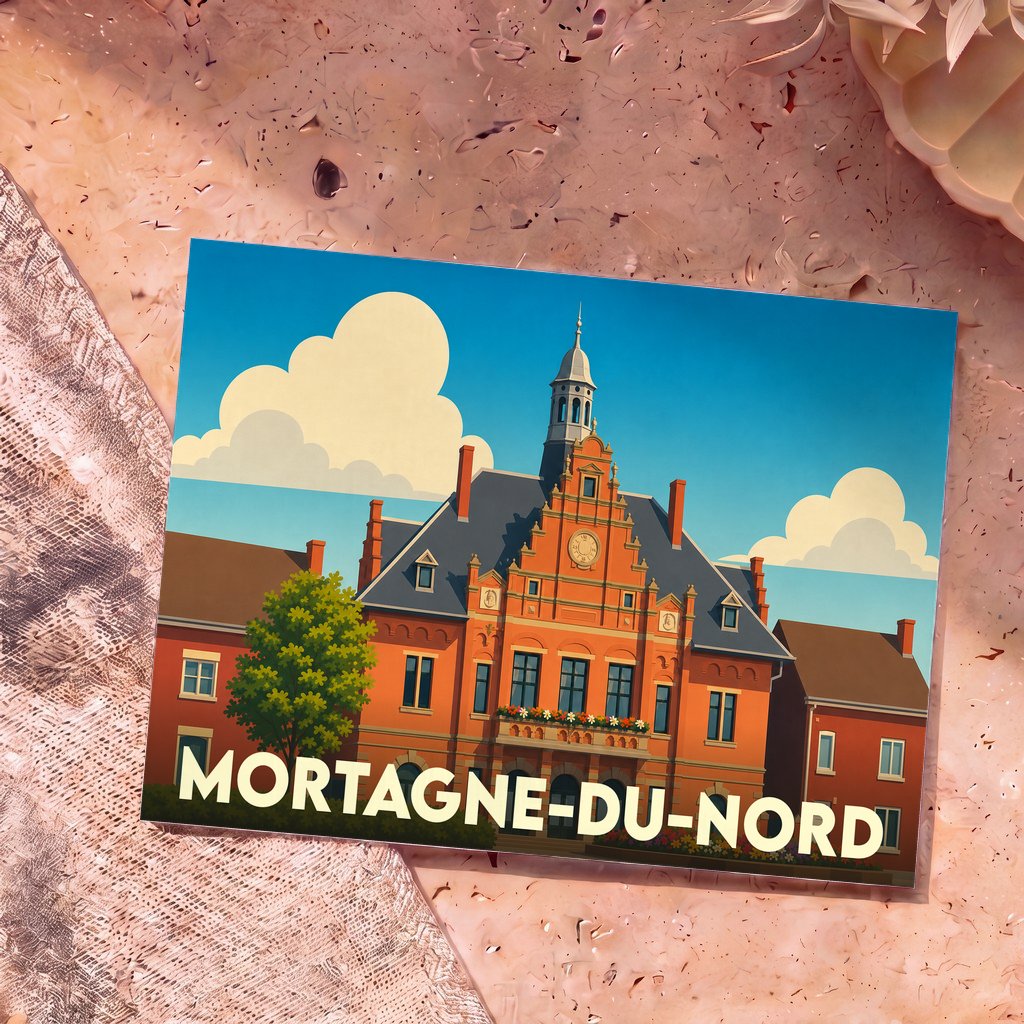 Carte postale souvenir de la ville de Mortagne-du-Nord avec une illustration stylisée de son hôtel de ville.