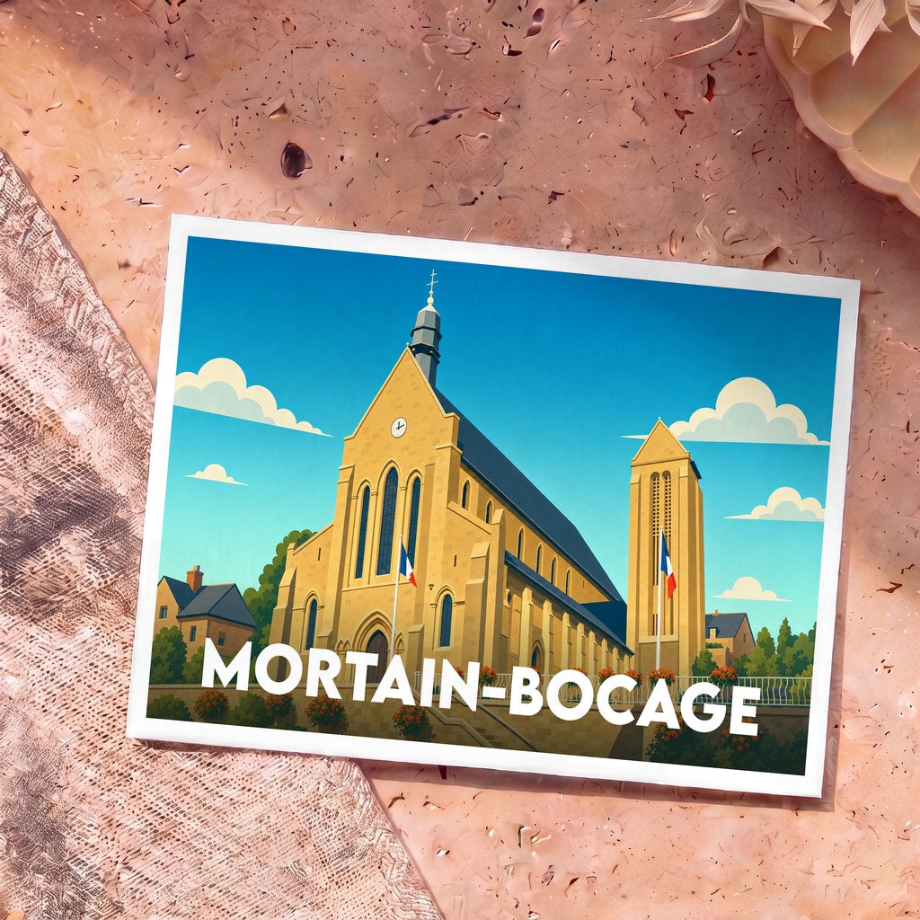 Carte postale souvenir de la ville de Mortain-Bocage avec une illustration stylisée de son église sous un ciel bleu.