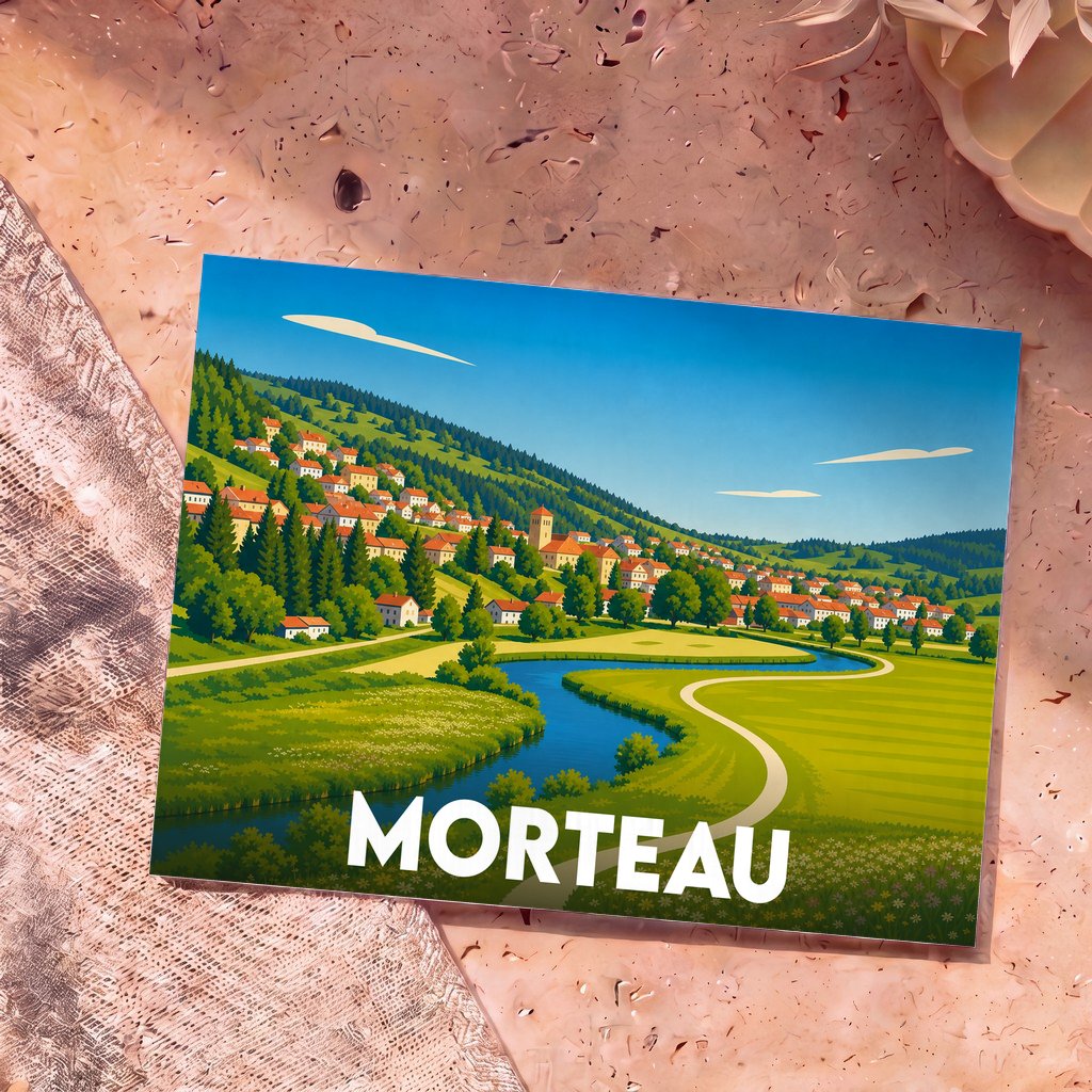 Carte postale souvenir de la ville de Morteau avec une illustration stylisée d'un village de montagne et sa rivière.