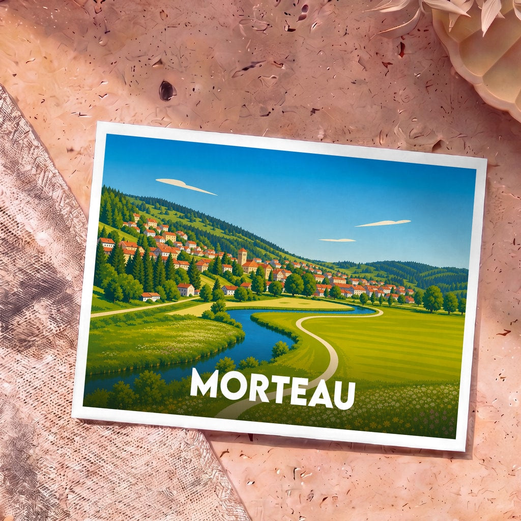 Carte postale souvenir de la ville de Morteau avec une illustration stylisée d'un village de montagne et sa rivière.