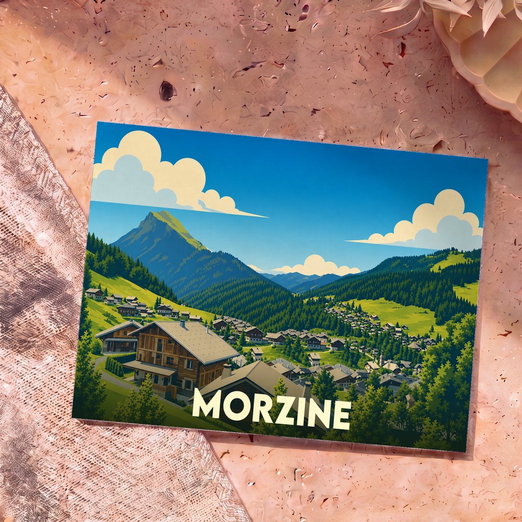 Carte postale souvenir de Morzine présentant une illustration stylisée d'un village de montagne sous un ciel bleu.