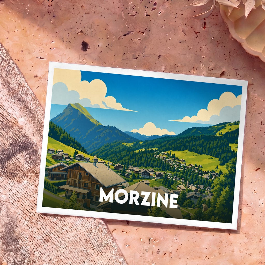 Carte postale souvenir de Morzine présentant une illustration stylisée d'un village de montagne sous un ciel bleu.