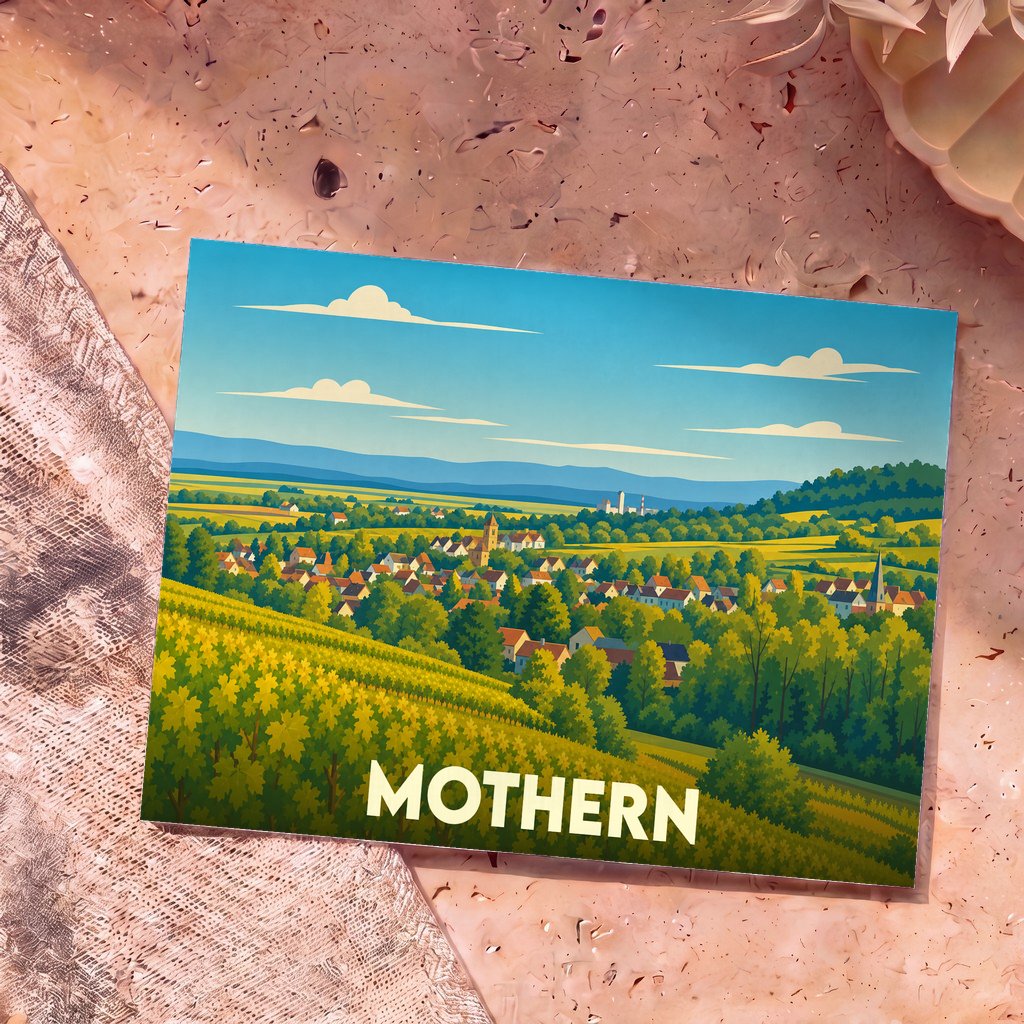 Carte postale souvenir de la ville de Mothern avec une illustration stylisée de son paysage vallonné.
