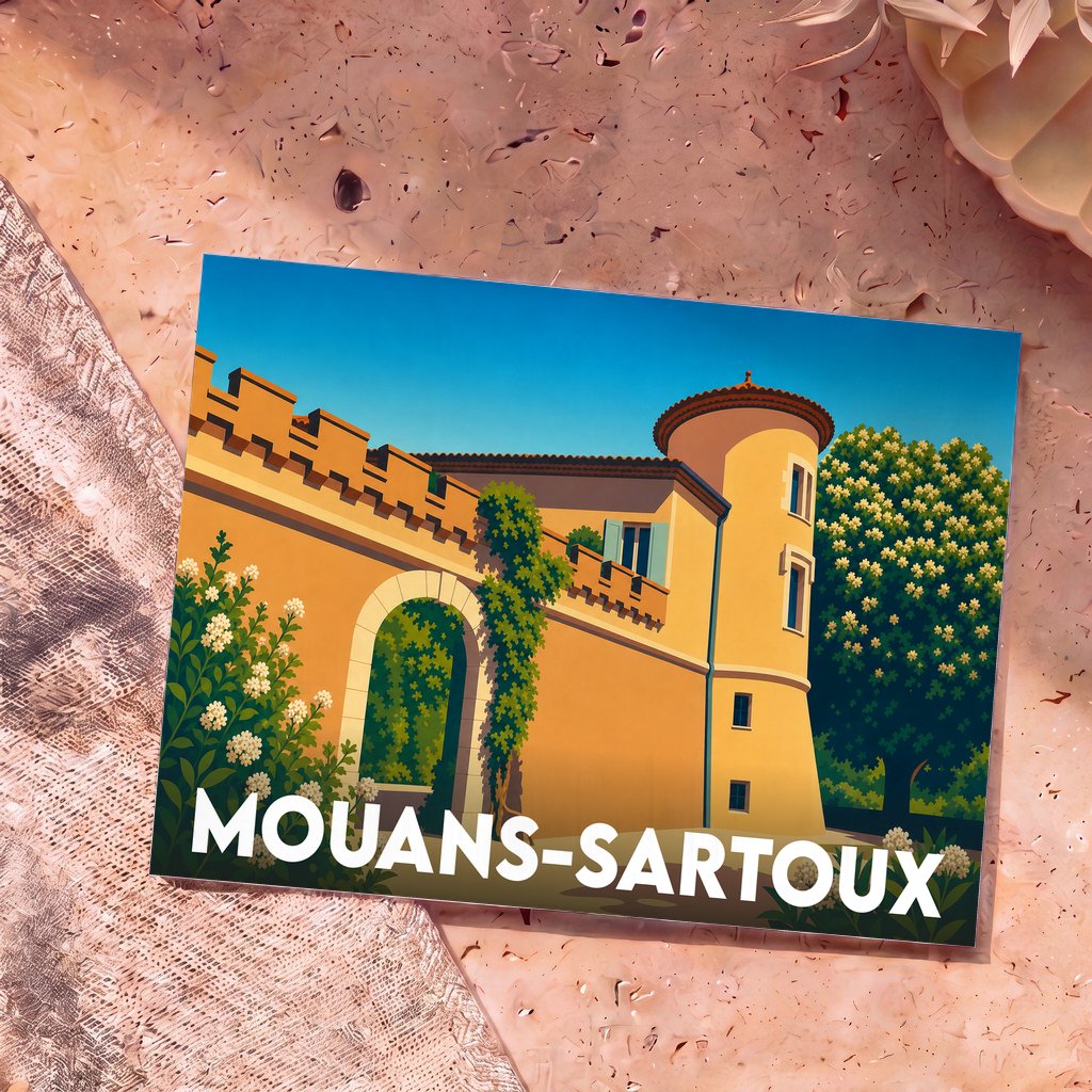 Carte postale souvenir de la ville de Mouans-Sartoux avec une illustration stylisée de son château.