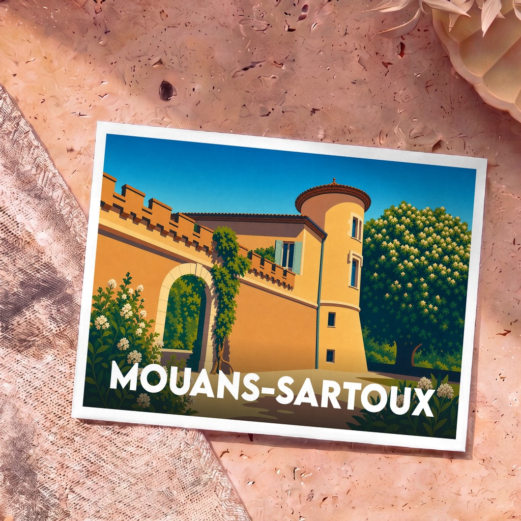 Carte postale souvenir de la ville de Mouans-Sartoux avec une illustration stylisée de son château.