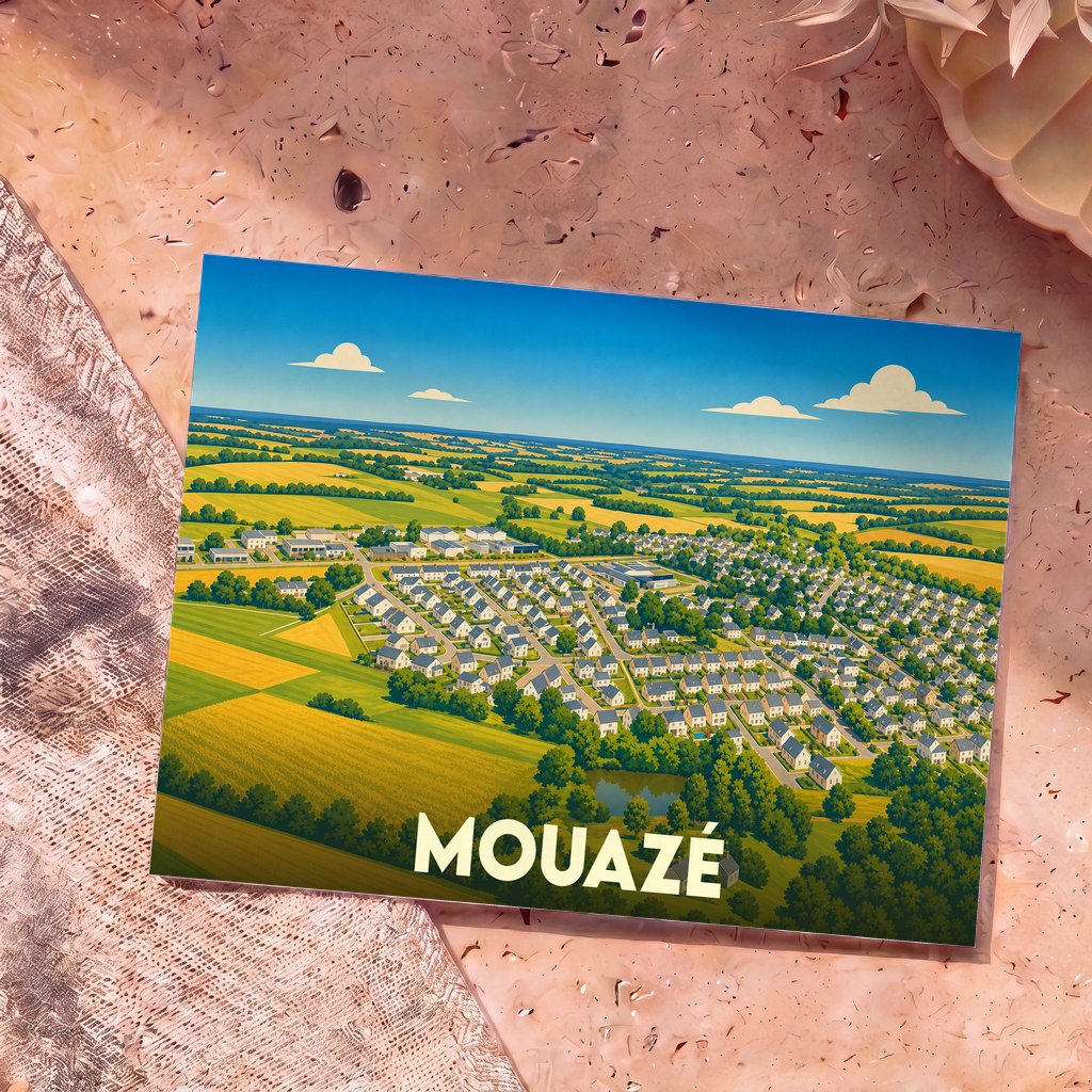 Carte postale souvenir de la ville de Mouazé avec une illustration aérienne et colorée de ses paysages.