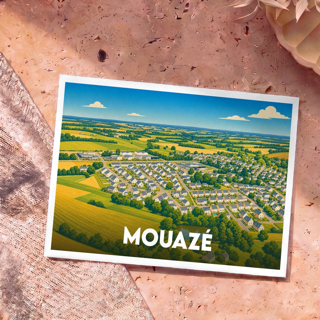 Carte postale souvenir de la ville de Mouazé avec une illustration aérienne et colorée de ses paysages.