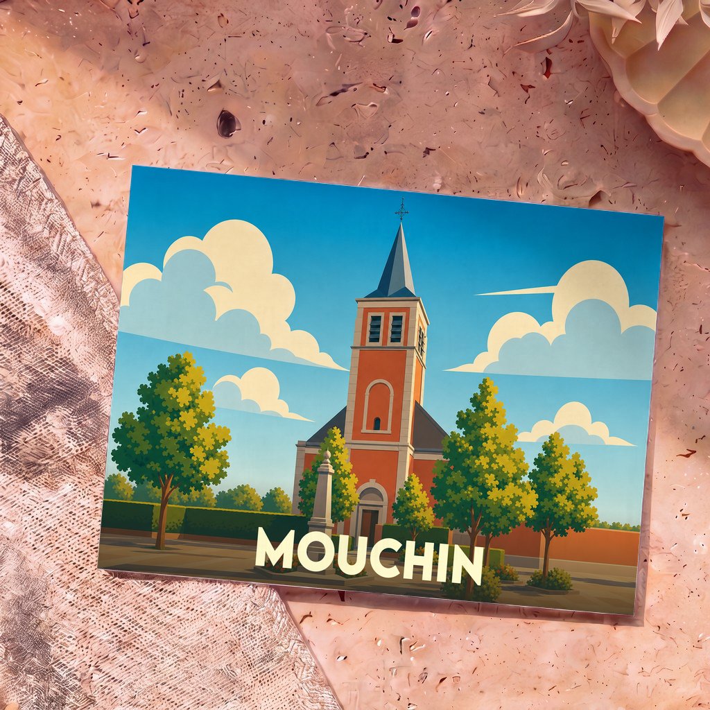 Carte postale souvenir de la ville de Mouchin avec une illustration stylisée de son église.