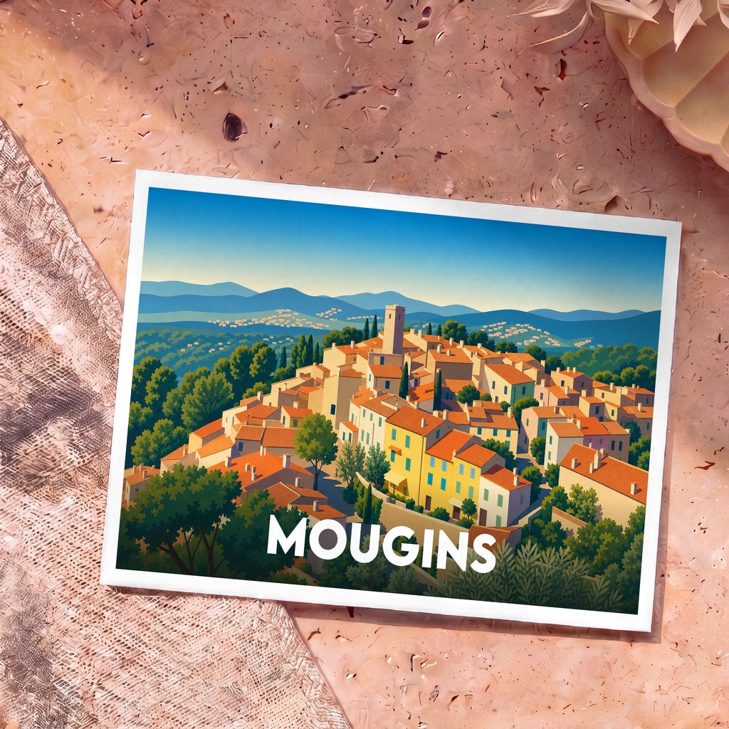 Carte postale souvenir de la ville de Mougins illustrant son village perché avec un style graphique coloré.