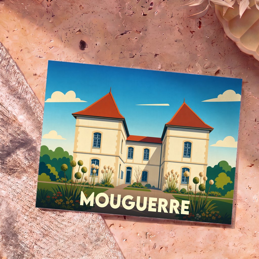 Carte postale souvenir de la ville de Mouguerre avec une illustration stylisée de son château.