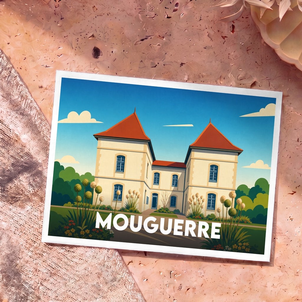 Carte postale souvenir de la ville de Mouguerre avec une illustration stylisée de son château.