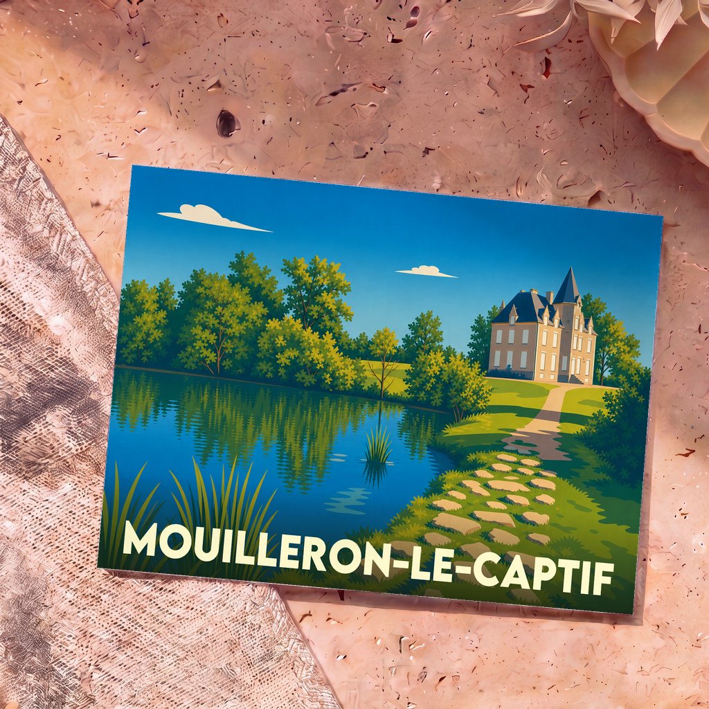 Carte postale souvenir de la ville de Mouilleron-le-Captif avec une illustration stylisée d'un château au bord de l'eau.