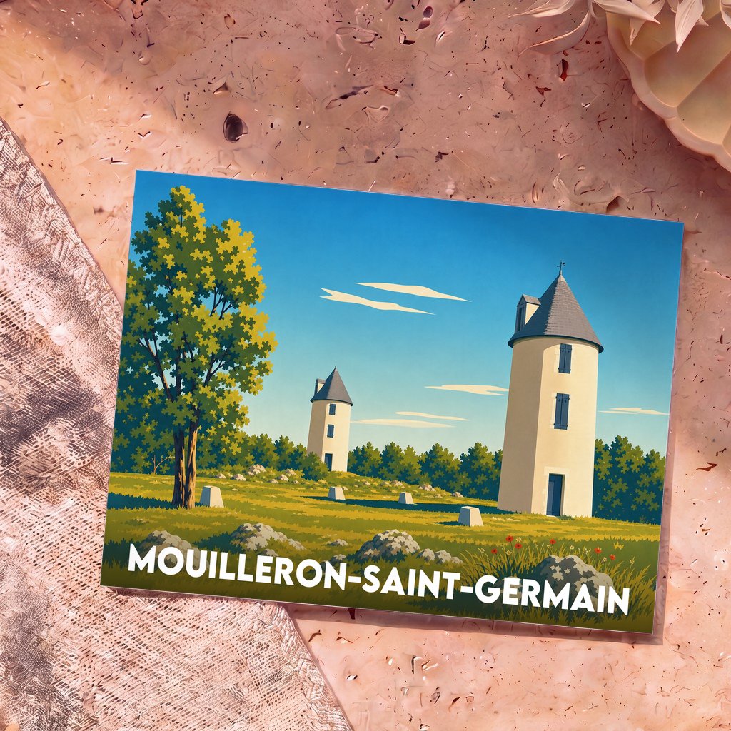 Carte postale souvenir de la ville de Mouilleron-Saint-Germain avec une illustration stylisée de ses moulins.
