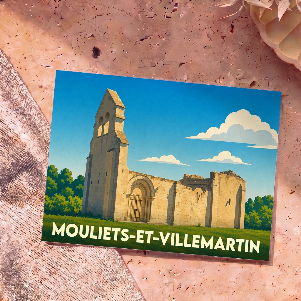 Carte postale souvenir de la ville de Mouliets-et-Villemartin avec une illustration stylisée de l'église en ruines.
