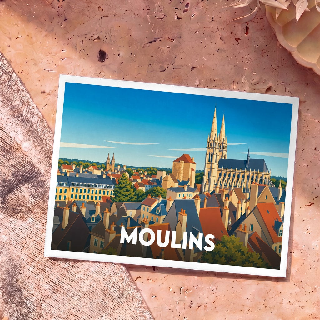 Carte postale souvenir de la ville de Moulins avec une illustration stylisée de ses toits et de sa cathédrale.