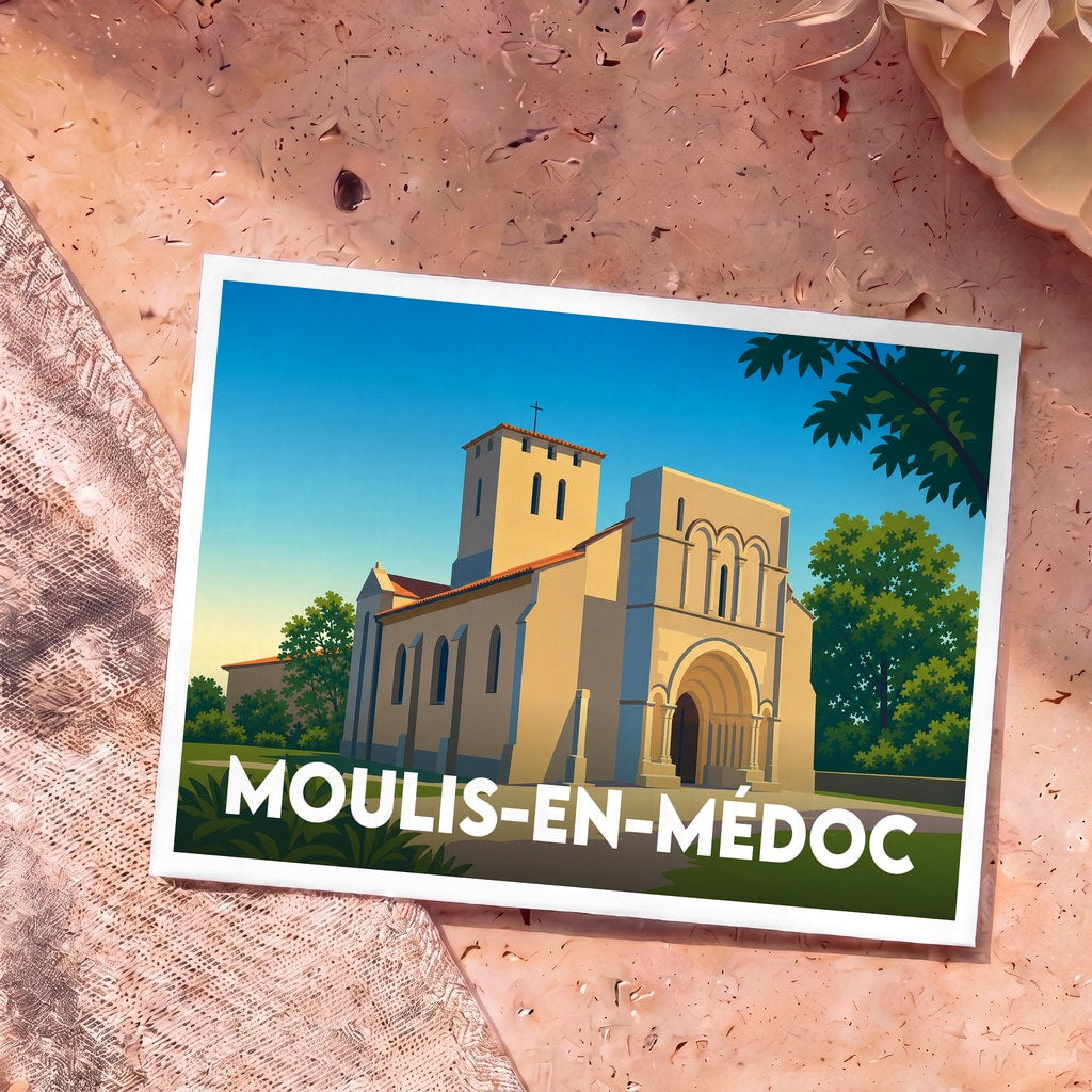 Carte postale souvenir de Moulis-en-Médoc présentant une illustration stylisée de son église romane sous un ciel bleu.