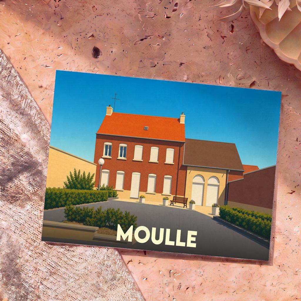 Carte postale souvenir de la ville de Moulle arborant une illustration stylisée et épurée d'une maison régionale sous un ciel bleu.