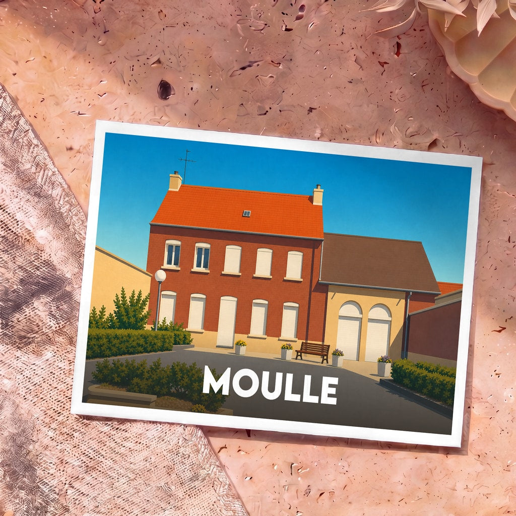 Carte postale souvenir de la ville de Moulle arborant une illustration stylisée et épurée d'une maison régionale sous un ciel bleu.