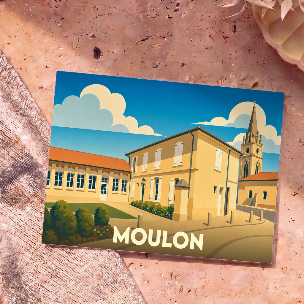 Carte postale souvenir de la ville de Moulon avec une illustration stylisée de ses bâtiments et de son église sous un ciel azur.