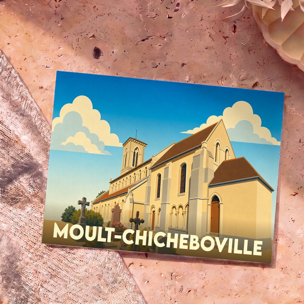 Carte postale souvenir de la ville de Moult-Chicheboville avec une illustration stylisée de son église.