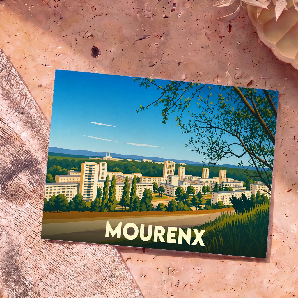 Carte postale souvenir de la ville de Mourenx avec une illustration stylisée de son architecture urbaine entourée de verdure.