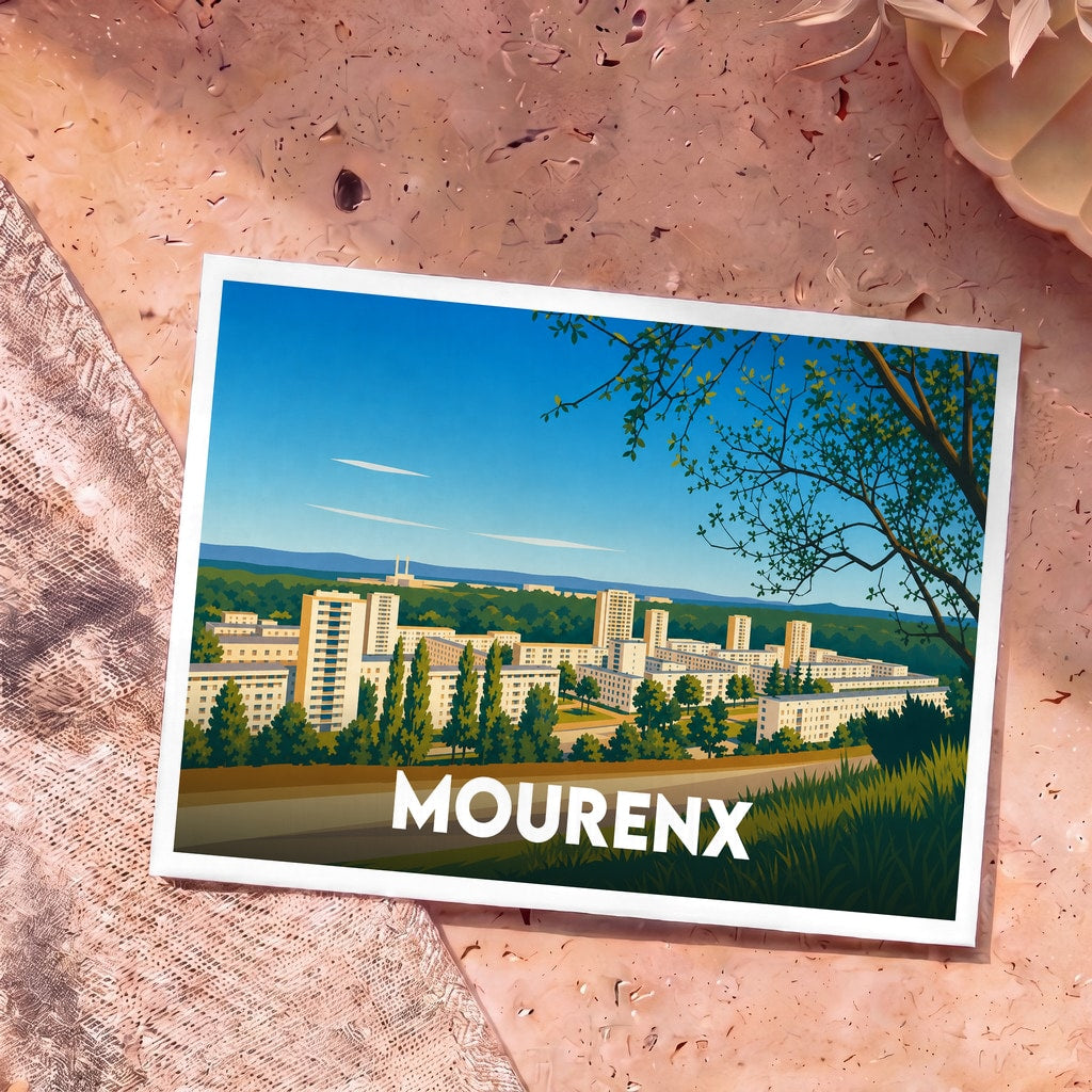Carte postale souvenir de la ville de Mourenx avec une illustration stylisée de son architecture urbaine entourée de verdure.