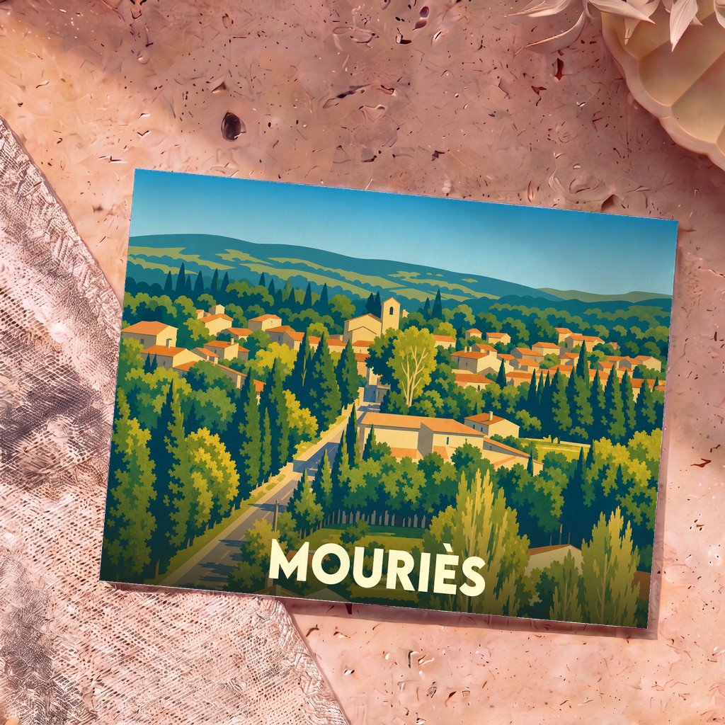 Carte postale souvenir de la ville de Mouriès avec une illustration stylisée de ses paysages provençaux.