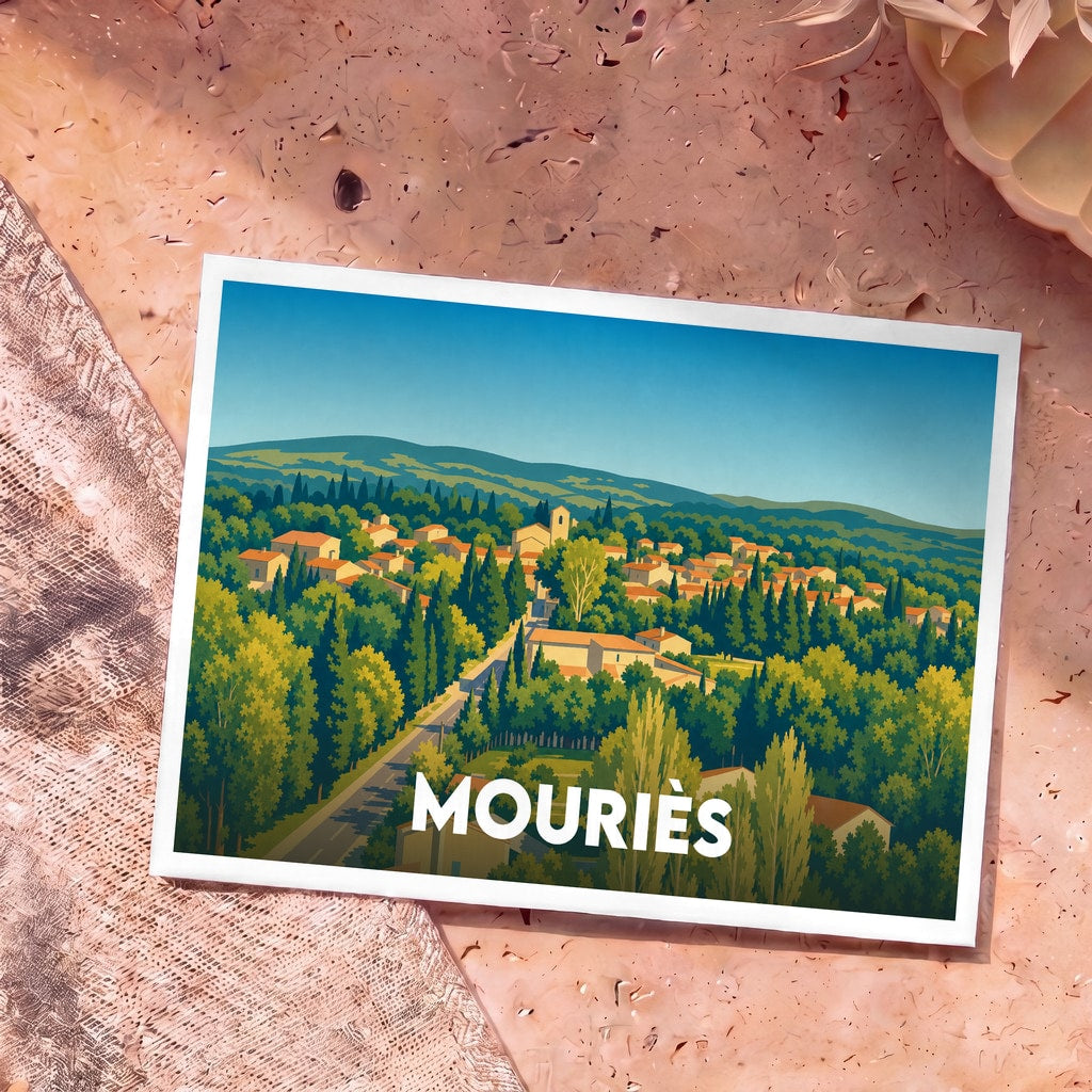 Carte postale souvenir de la ville de Mouriès avec une illustration stylisée de ses paysages provençaux.
