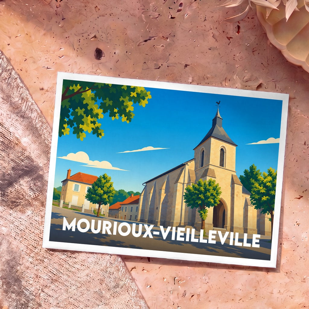 Carte postale souvenir de la ville de Mourioux-Vieilleville avec une illustration stylisée de son église sous un ciel bleu.