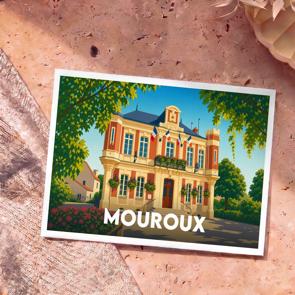 Carte postale souvenir de la ville de Mouroux avec une illustration stylisée de son hôtel de ville.