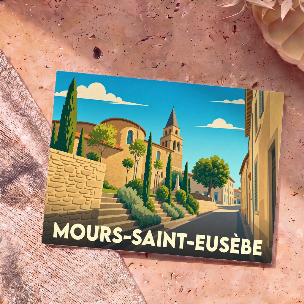 Carte postale souvenir de la ville de Mours-Saint-Eusèbe avec une illustration stylisée.