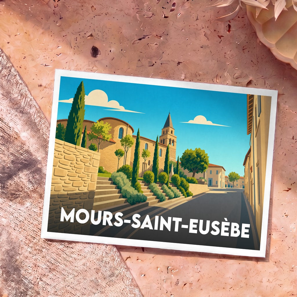 Carte postale souvenir de la ville de Mours-Saint-Eusèbe avec une illustration stylisée.