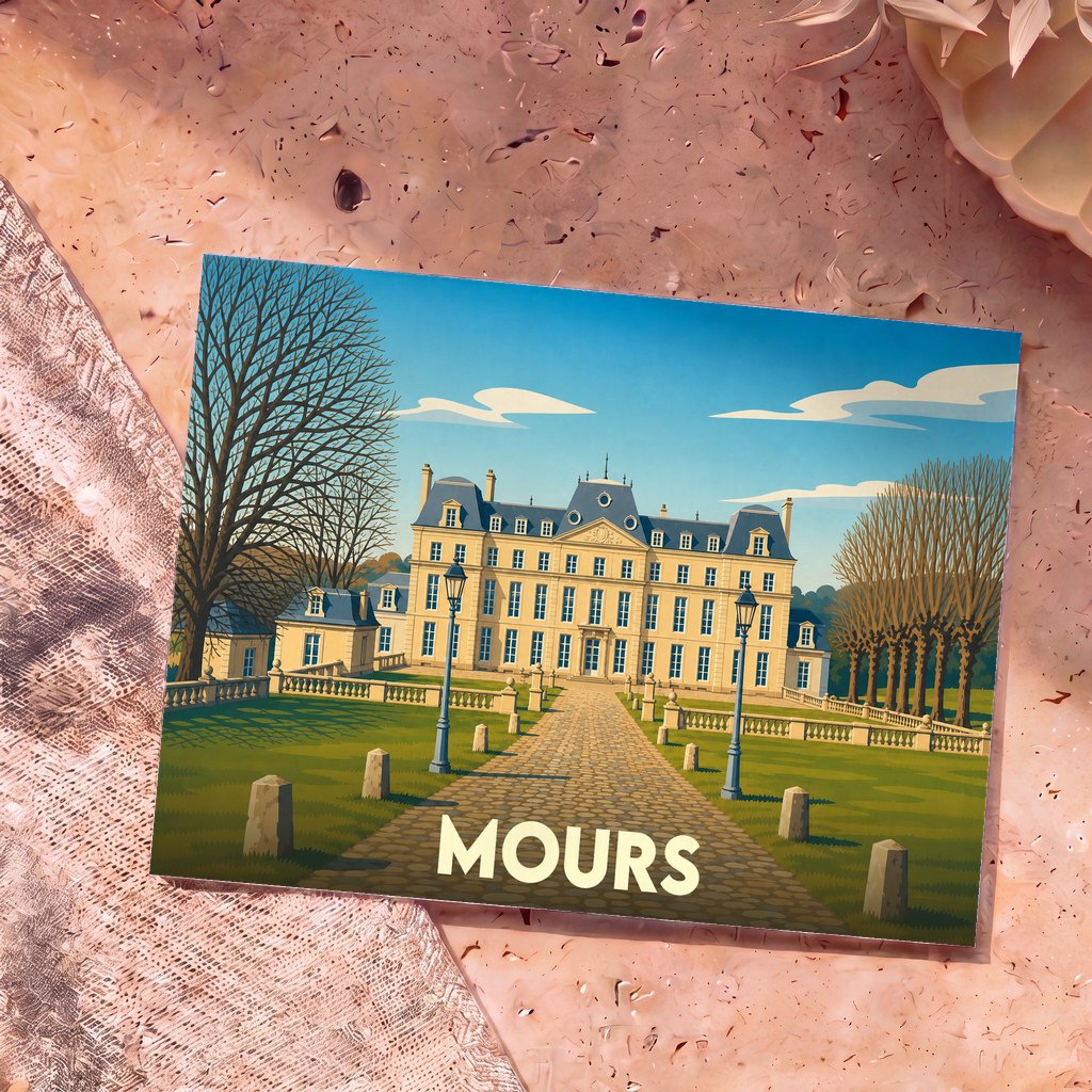 Carte postale souvenir de la ville de Mours illustrant un château majestueux dans un style graphique épuré.