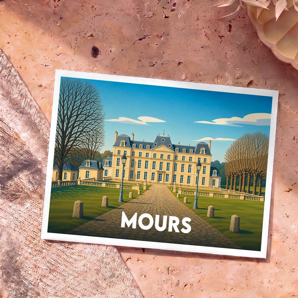 Carte postale souvenir de la ville de Mours illustrant un château majestueux dans un style graphique épuré.