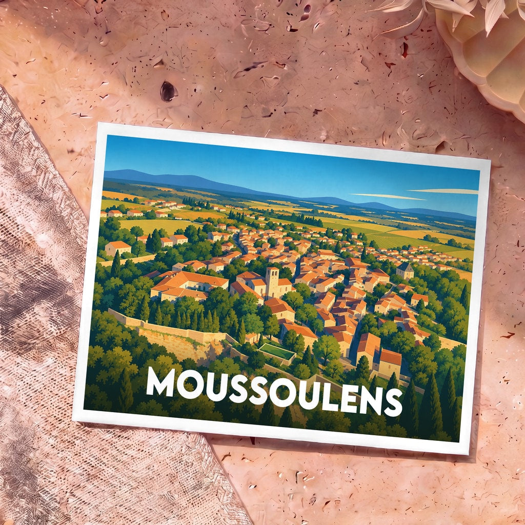 Carte postale souvenir de la ville de Moussoulens avec une illustration stylisée d'un village provençal.