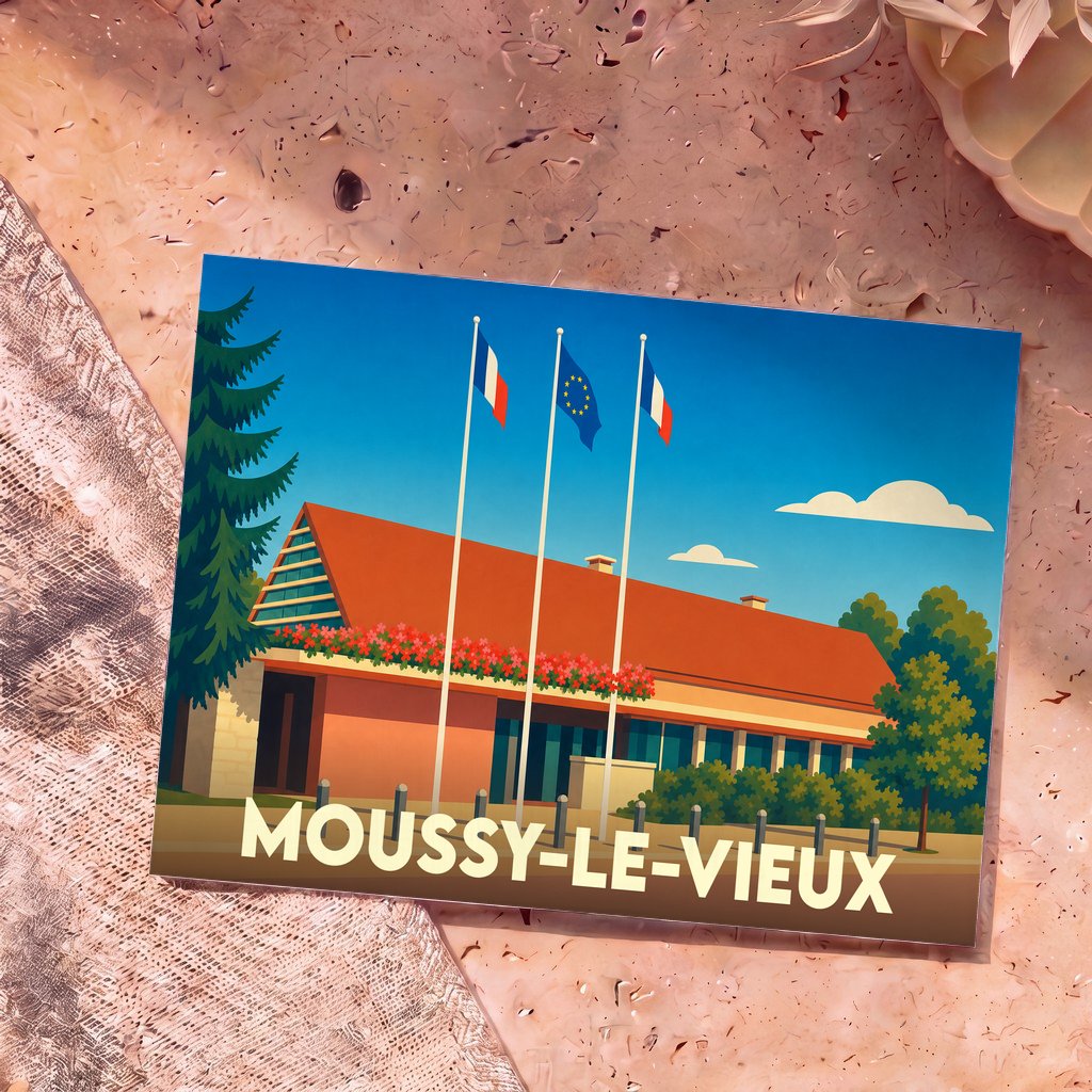 Carte postale souvenir de la ville de Moussy-le-Vieux avec une illustration stylisée de la mairie.