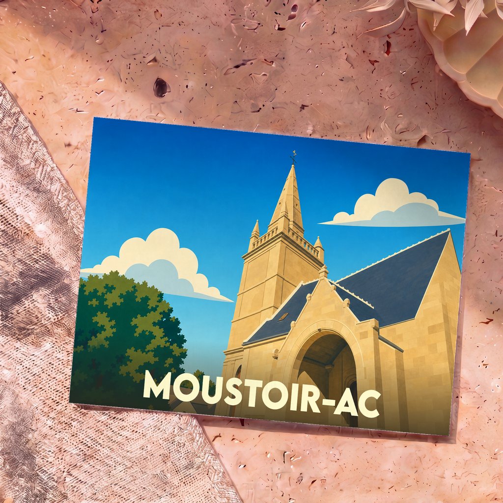 Carte postale souvenir de la ville de Moustoir-Ac illustrant son église dans un style graphique et épuré.