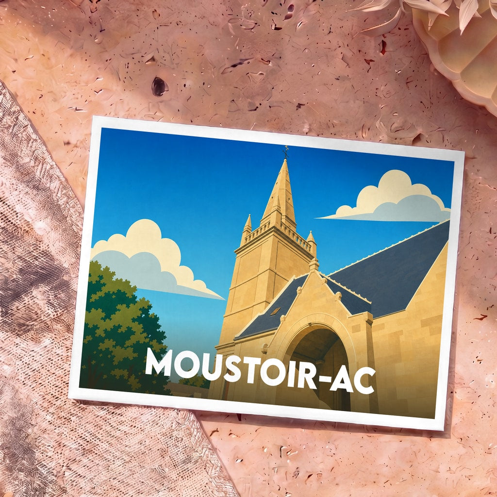 Carte postale souvenir de la ville de Moustoir-Ac illustrant son église dans un style graphique et épuré.